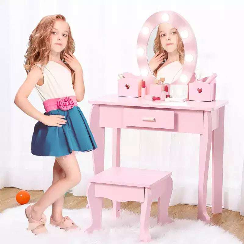 Toeletta per Bambini, Set Tavolo e Sedia da Toilette per Bambine con Specchio, Tavolino da Trucco per Bambini con Set da Gioco in Legno per Trucco, per Camera da Letto, Sala Giochi