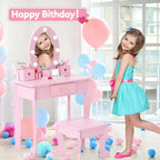 Toeletta per Bambini, Set Tavolo e Sedia da Toilette per Bambine con Specchio, Tavolino da Trucco per Bambini con Set da Gioco in Legno per Trucco, per Camera da Letto, Sala Giochi