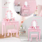 Toeletta per Bambini, Set Tavolo e Sedia da Toilette per Bambine con Specchio, Tavolino da Trucco per Bambini con Set da Gioco in Legno per Trucco, per Camera da Letto, Sala Giochi