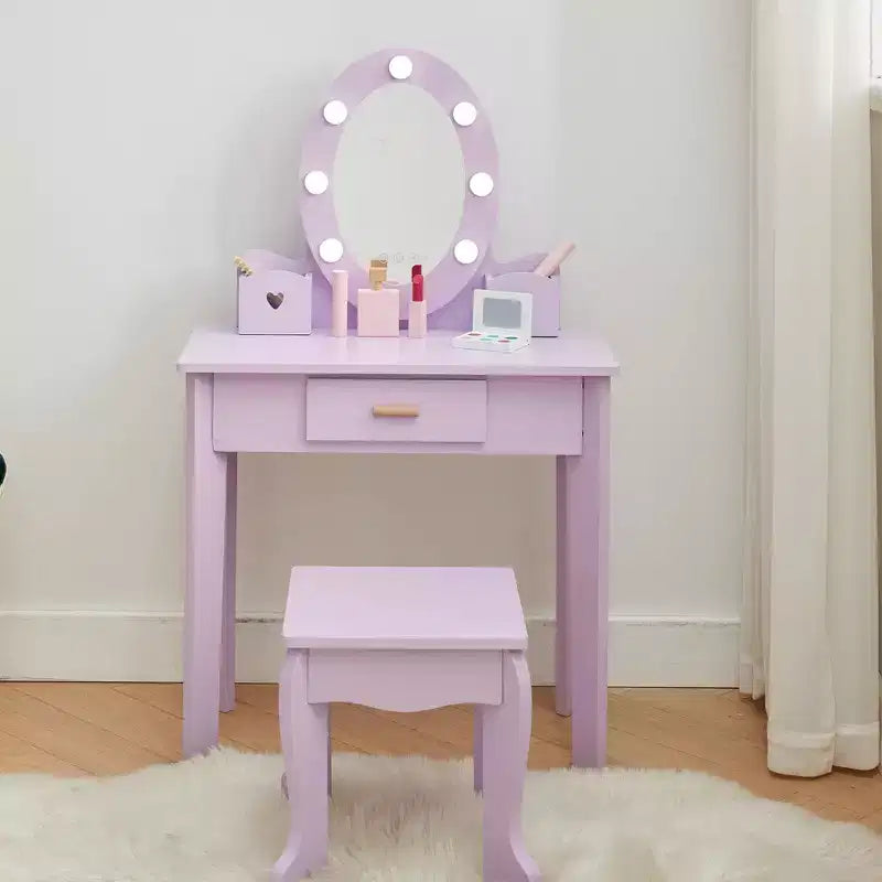 Toeletta per Bambini, Set Tavolo e Sedia da Toilette per Bambine con Specchio, Tavolino da Trucco per Bambini con Set da Gioco in Legno per Trucco, per Camera da Letto, Sala Giochi