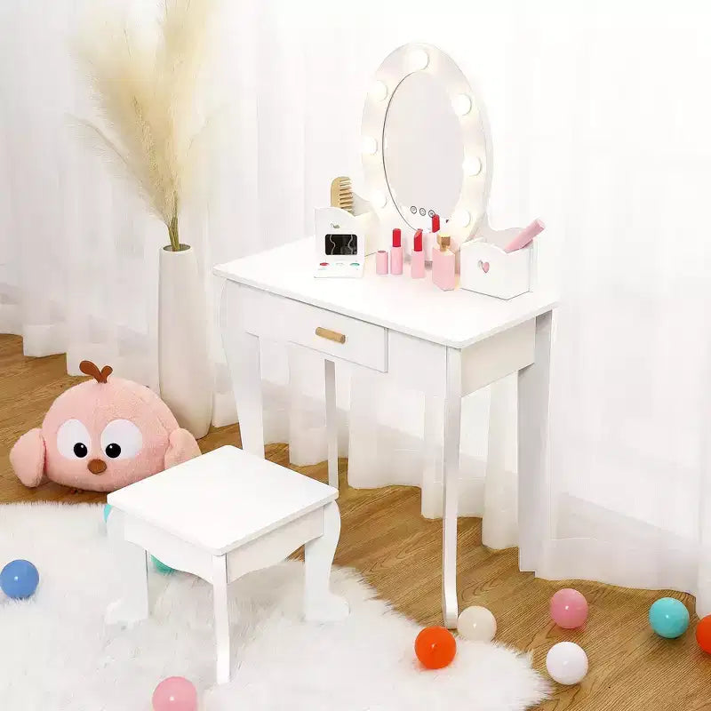Toeletta per Bambini, Set Tavolo e Sedia da Toilette per Bambine con Specchio, Tavolino da Trucco per Bambini con Set da Gioco in Legno per Trucco, per Camera da Letto, Sala Giochi