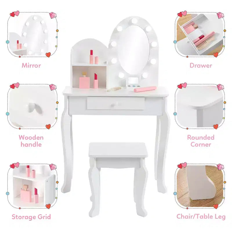 Set da toeletta per bambini con specchio e sgabello, tavolo da trucco in legno per bambine dai 4 ai 9 anni, set da gioco con toeletta per travestimenti per camera da letto e sala giochi
