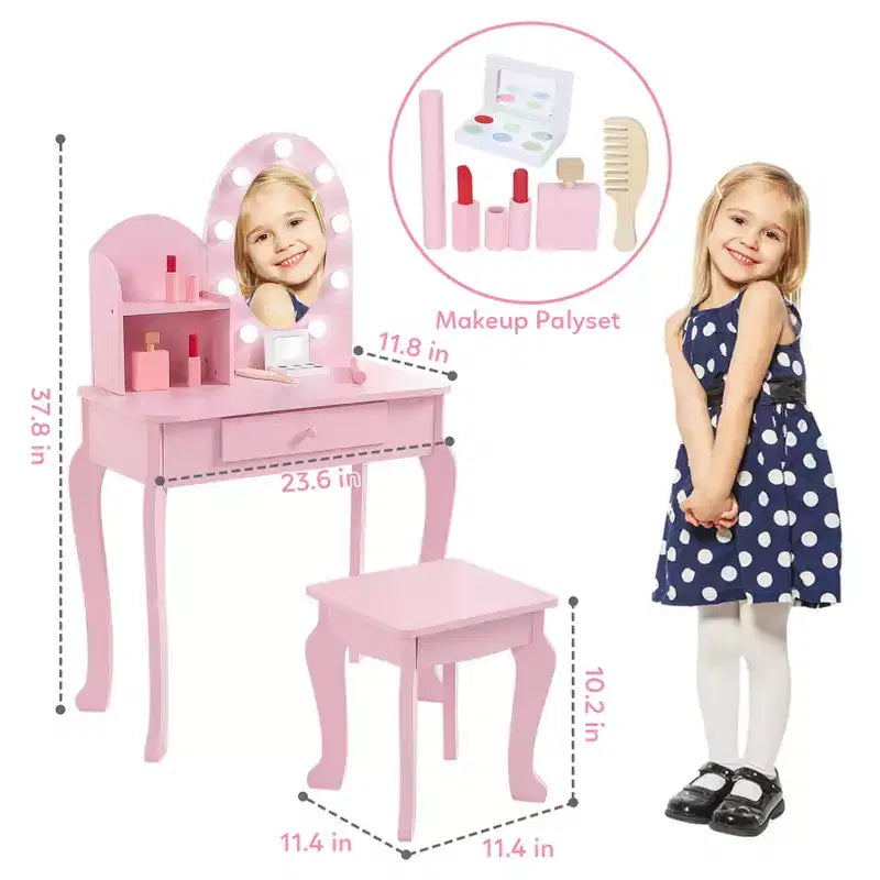 Set da toeletta per bambini con specchio e sgabello, tavolo da trucco in legno per bambine dai 4 ai 9 anni, set da gioco con toeletta per travestimenti per camera da letto e sala giochi
