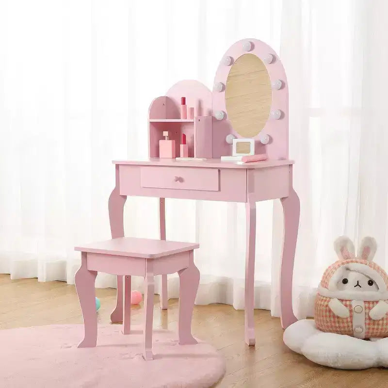 Set da toeletta per bambini con specchio e sgabello, tavolo da trucco in legno per bambine dai 4 ai 9 anni, set da gioco con toeletta per travestimenti per camera da letto e sala giochi