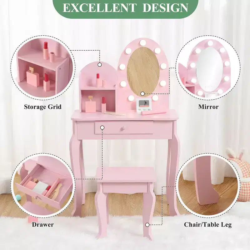 Set da toeletta per bambini con specchio e sgabello, tavolo da trucco in legno per bambine dai 4 ai 9 anni, set da gioco con toeletta per travestimenti per camera da letto e sala giochi