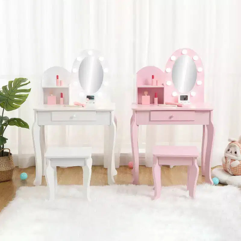 Set da toeletta per bambini con specchio e sgabello, tavolo da trucco in legno per bambine dai 4 ai 9 anni, set da gioco con toeletta per travestimenti per camera da letto e sala giochi