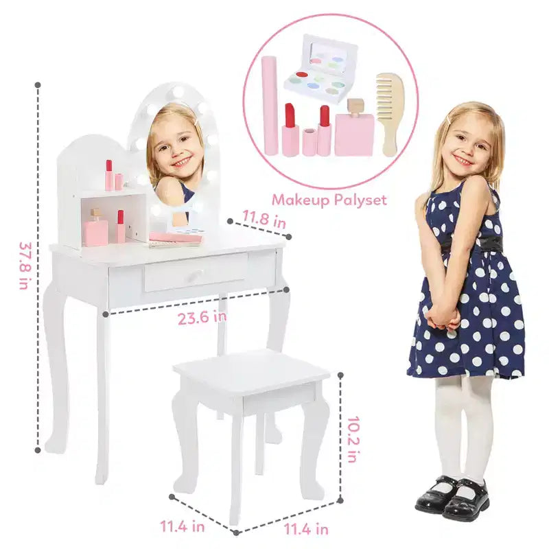 Set da toeletta per bambini con specchio e sgabello, tavolo da trucco in legno per bambine dai 4 ai 9 anni, set da gioco con toeletta per travestimenti per camera da letto e sala giochi
