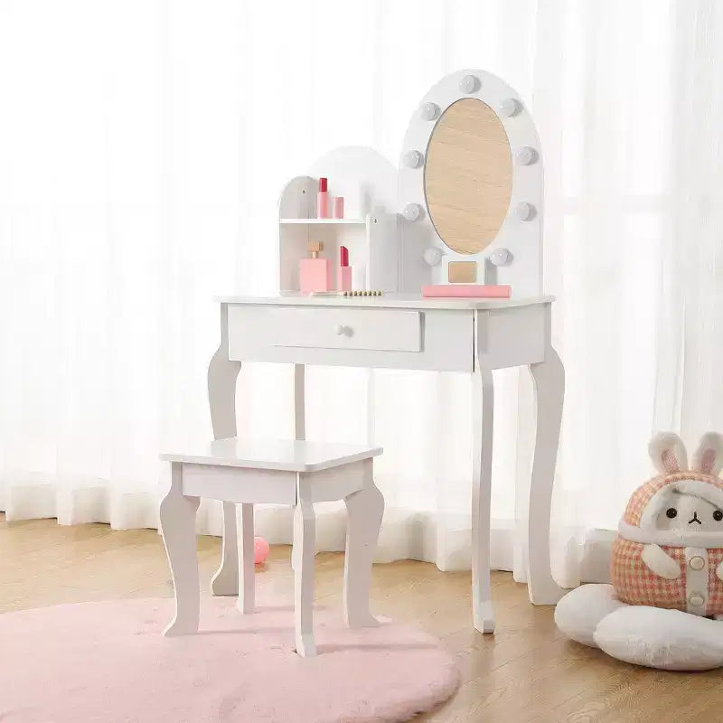 Set da toeletta per bambini con specchio e sgabello, tavolo da trucco in legno per bambine dai 4 ai 9 anni, set da gioco con toeletta per travestimenti per camera da letto e sala giochi