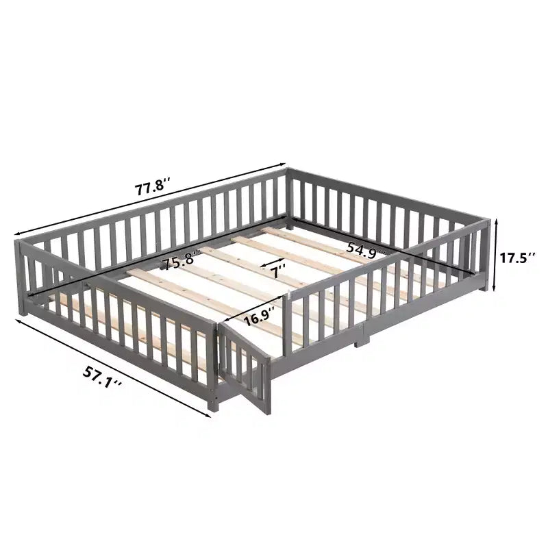 Bellemave Letto a terra a una piazza e mezza con porta, struttura del letto a piattaforma in legno massello con recinzione, adatto per bambini, in legno di pino, grigio