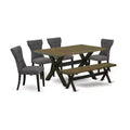 HomeStock 6-Pc Rectangle Natural Oak Finish Solid Wood Top Dining Table with 1-Bench, 4-Chairs