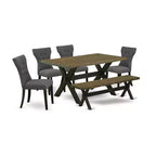 HomeStock 6-Pc Rectangle Natural Oak Finish Solid Wood Top Dining Table with 1-Bench, 4-Chairs