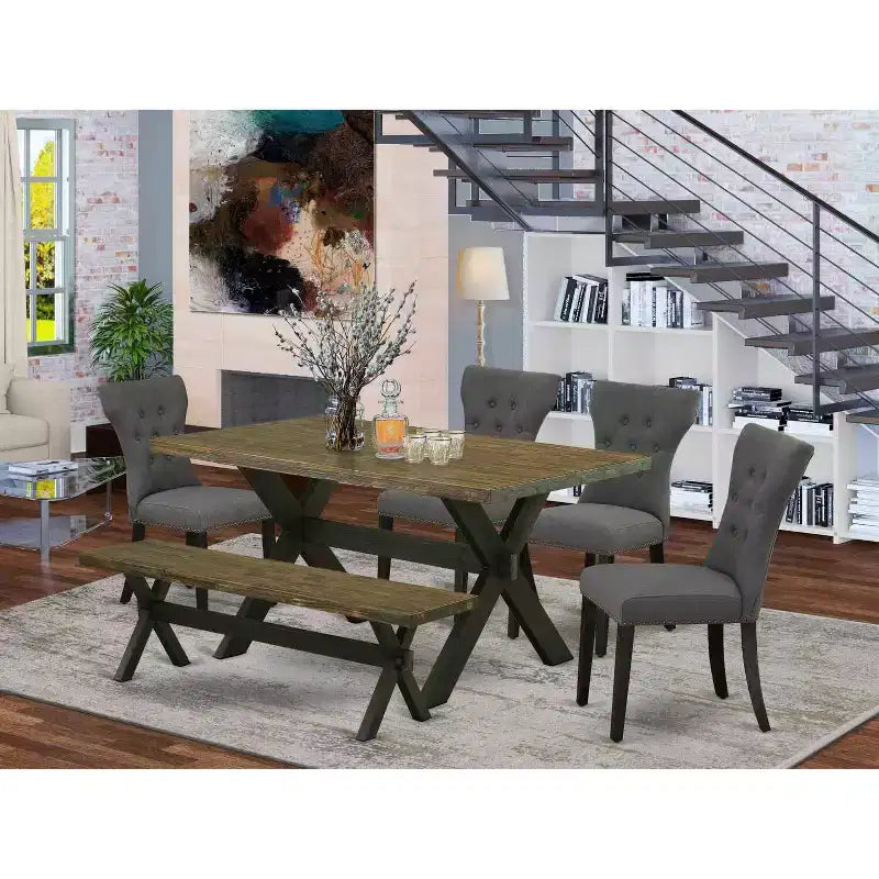 Tavolo da pranzo HomeStock 6 pezzi con piano rettangolare in legno massello finitura rovere naturale, 1 panca, 4 sedie