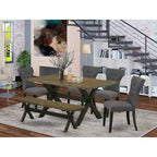 Tavolo da pranzo HomeStock 6 pezzi con piano rettangolare in legno massello finitura rovere naturale, 1 panca, 4 sedie