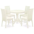 HomeStock 5-Piece Round Linen White Finish Solid Wood Top Dining table with 4 Chairs