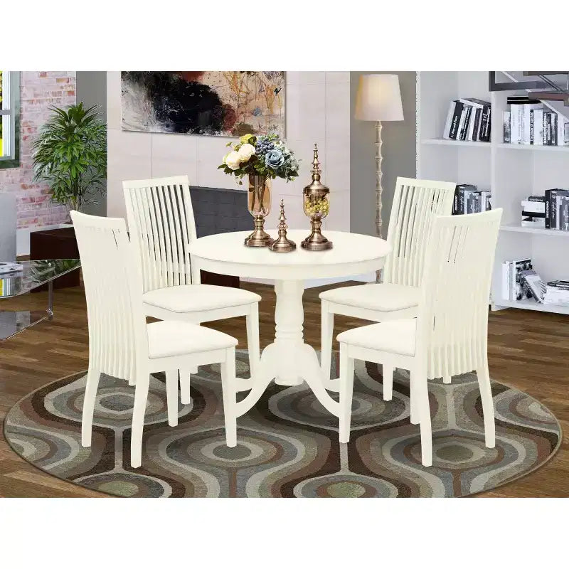 HomeStock Tavolo da pranzo rotondo da 5 pezzi con piano in legno massello finitura bianca in lino e 4 sedie
