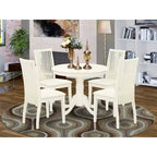 HomeStock Tavolo da pranzo rotondo da 5 pezzi con piano in legno massello finitura bianca in lino e 4 sedie