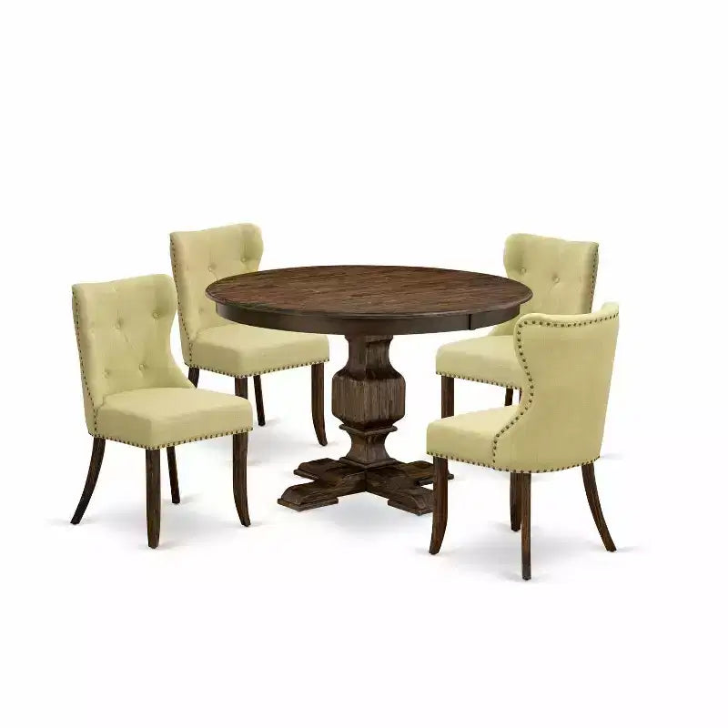 HomeStock 5-Piece Distressed Jacobean Finish Solid Wood Top Dining Table with 4 Parson Chair