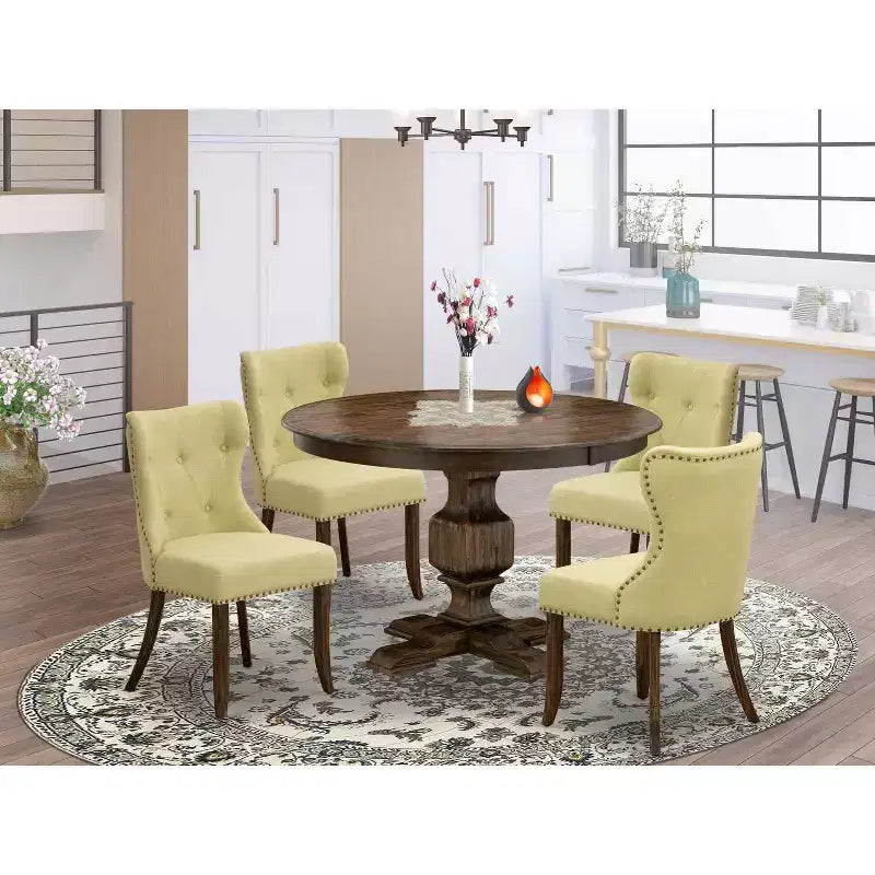 HomeStock Tavolo da pranzo a 5 pezzi con piano in legno massiccio, finitura in stile giacobiano anticato, e 4 sedie Parson