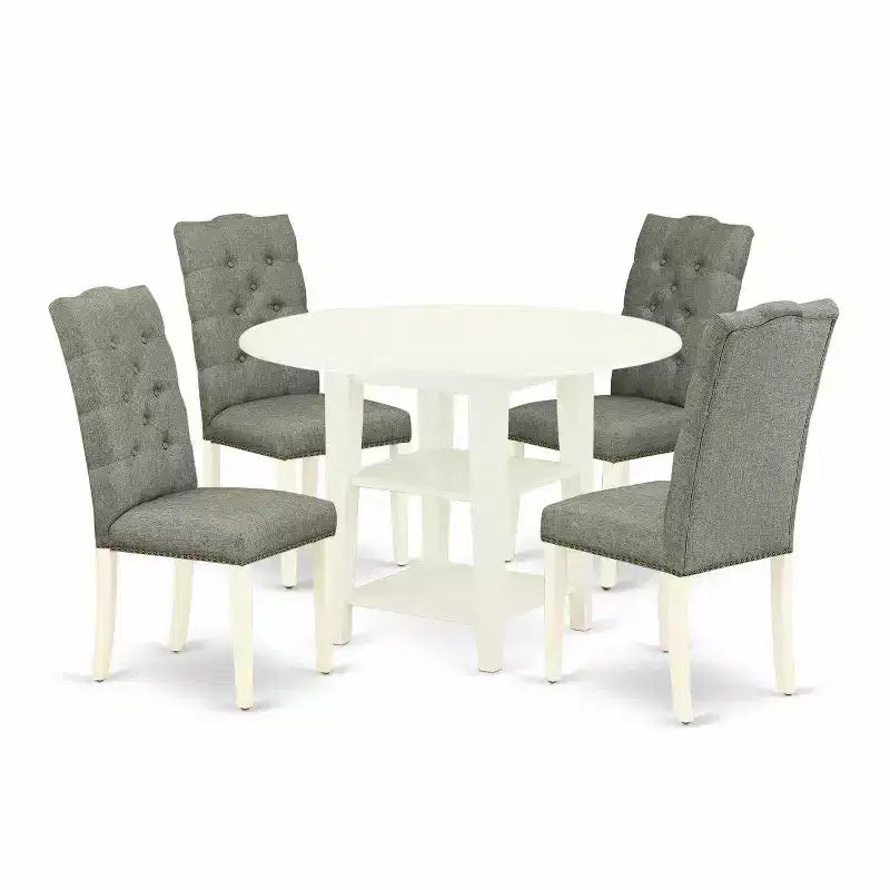 HomeStock 5-Pc Linen White Finish Solid Wood Top - Round Dining Room Set with High Back - Seats 4