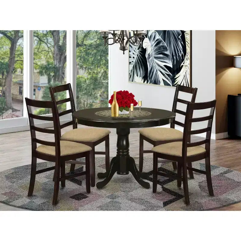 Set tavolo da cucina per 4 – Set da pranzo 5 pezzi con tavolo rotondo e sedie in lino – Stile Art Déco