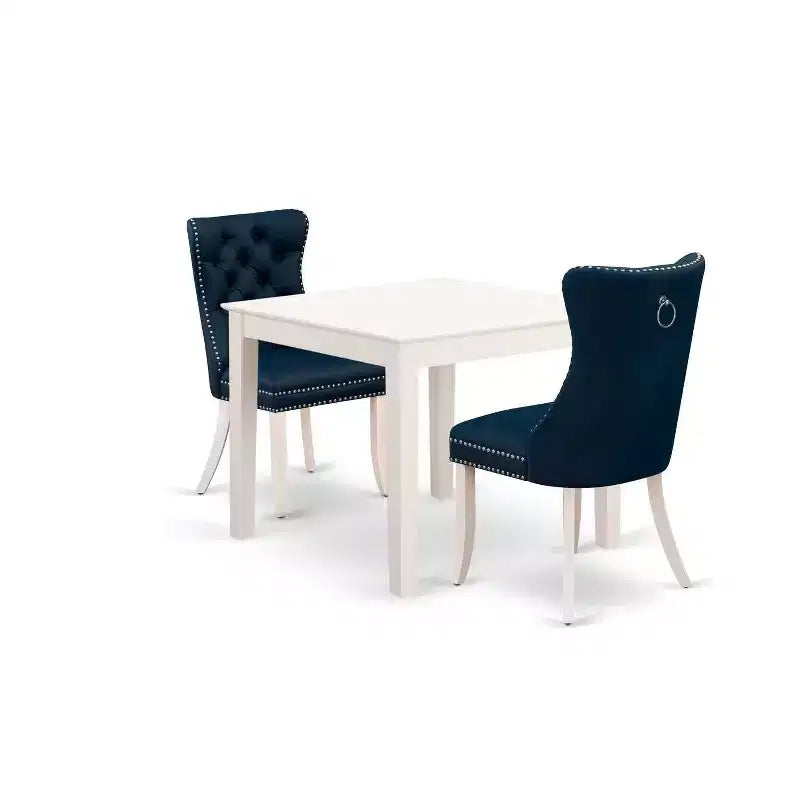 Set tavolo da pranzo HomeStock 3 pezzi, finitura lino bianco, piano quadrato in legno massello