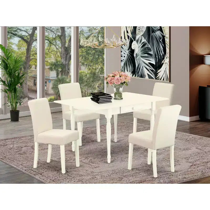HomeStock Set sala da pranzo in 5 pezzi con finitura lino bianco e piano in legno massello con ante a ribalta (4 posti a sedere)