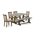 HomeStock 6-Piece Rectangle Distressed Jacobean Finish Solid Wood Top Dining Table with 1-Bench, 4-Chairs