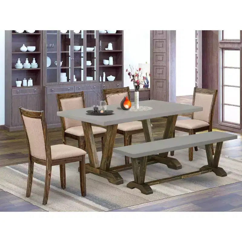 HomeStock Tavolo da pranzo rettangolare a 6 pezzi in legno massello con finitura Jacobean anticata, con 1 panca e 4 sedie