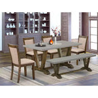 HomeStock Tavolo da pranzo rettangolare a 6 pezzi in legno massello con finitura Jacobean anticata, con 1 panca e 4 sedie