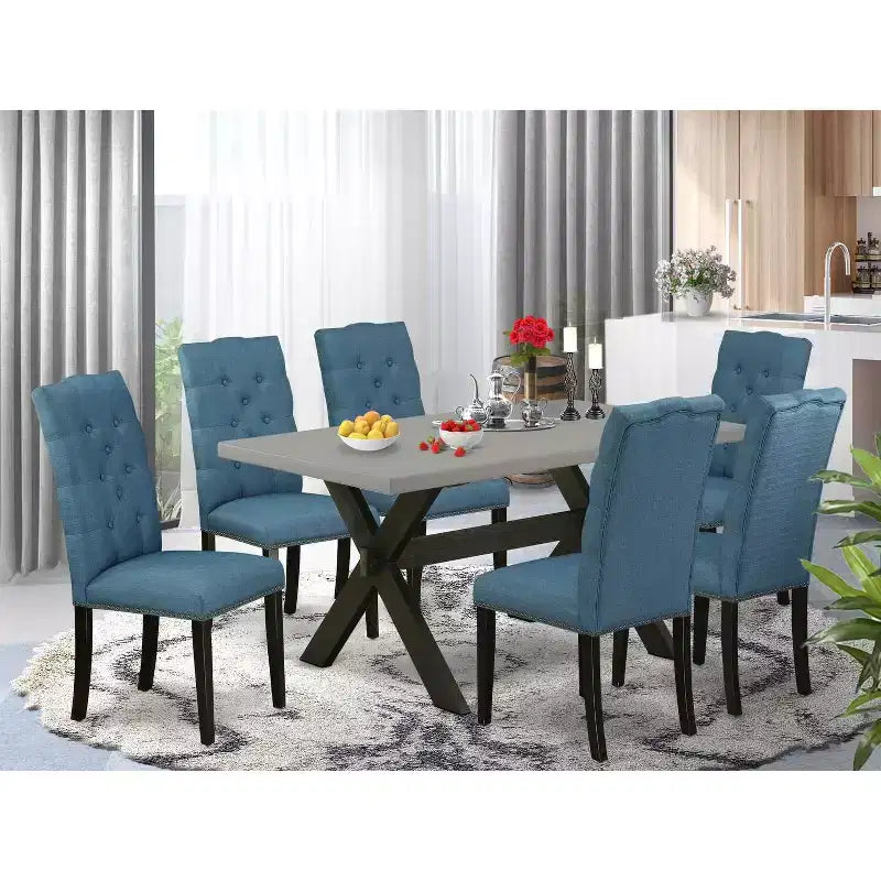 Tavolo da pranzo 7 pezzi in legno massello con finitura rovere naturale e 6 sedie con