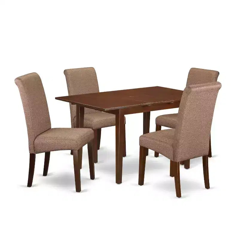 Vintage Kitchen Dining Table Set 5Pc Linen Brown Fabric Parsons Chairs Mahogany Legs
