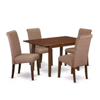 Vintage Kitchen Dining Table Set 5Pc Linen Brown Fabric Parsons Chairs Mahogany Legs