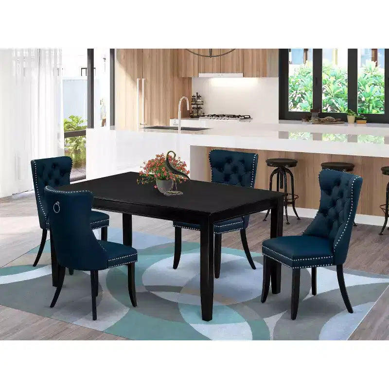 Set da pranzo rettangolare imbottito con ripiano in legno massello finitura nera a 5 pezzi - 4 posti