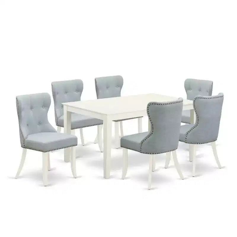 HomeStock 7-Piece Linen White Finish Solid Wood Top Dining Table with 6 Chairs