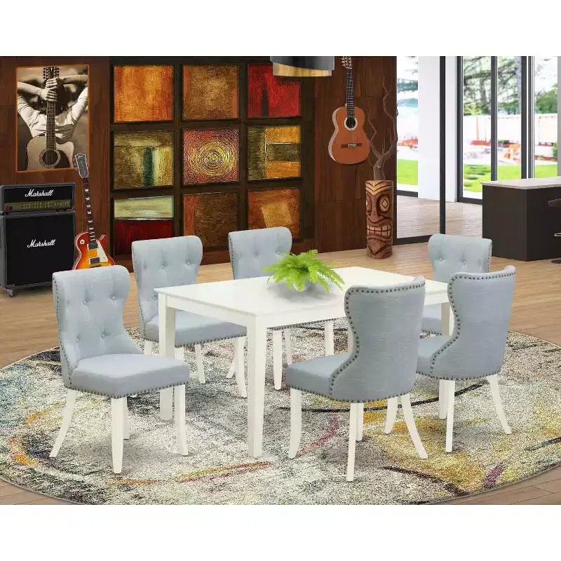 HomeStock Tavolo da Pranzo 7 Pezzi in Legno Massello Finitura Bianco Lino con 6 Sedie