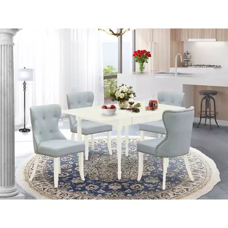 Set da pranzo rettangolare a 5 pezzi per 4 persone, con ripiano in legno massello finitura lino bianco