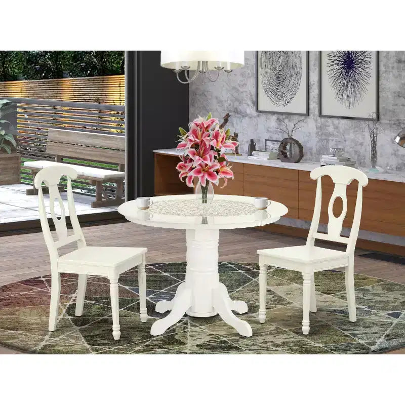 Set da pranzo rotondo 3 pz - Tavolo da 42 pollici e 2 sedie - Set da cucina/tinello bianco lino