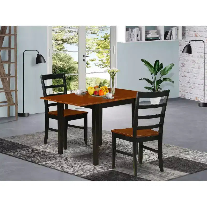 Set da pranzo 3 pezzi con tavolo quadrato e sedie con schienale a pioli in legno massello con finitura nera e color ciliegio