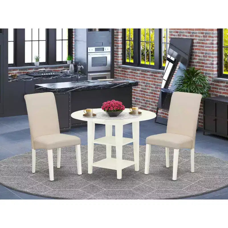 HomeStock Set da Pranzo 3 Pezzi con Tavolo Rotondo Pieghevole con Piano in Legno Massello Finitura Lino Bianco
