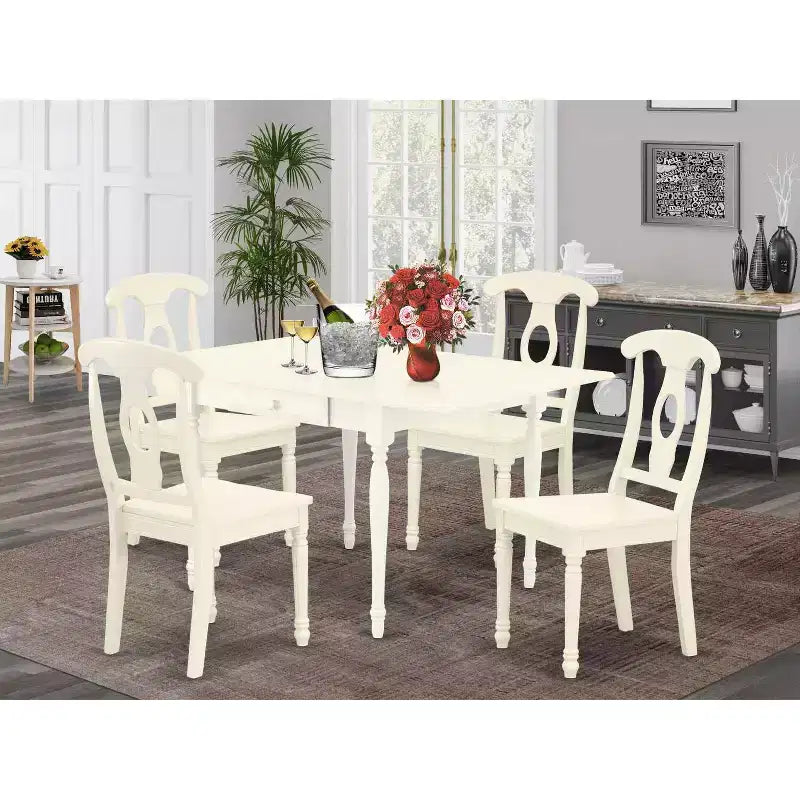 Set da pranzo 5 pezzi in legno massello con finitura lino bianco - 4 posti a sedere