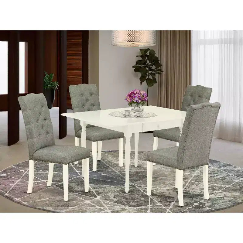 HomeStock Set da Pranzo 5 Pezzi con Piano in Legno Massello e Finitura Bianca Lino, con Prolunga - 4 Posti a Sedere