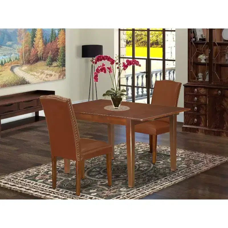 HomeStock Set da Pranzo 3 Pezzi con Tavolo Rettangolare in Legno Massello con Finitura Mogano e Allunga a Farfalla
