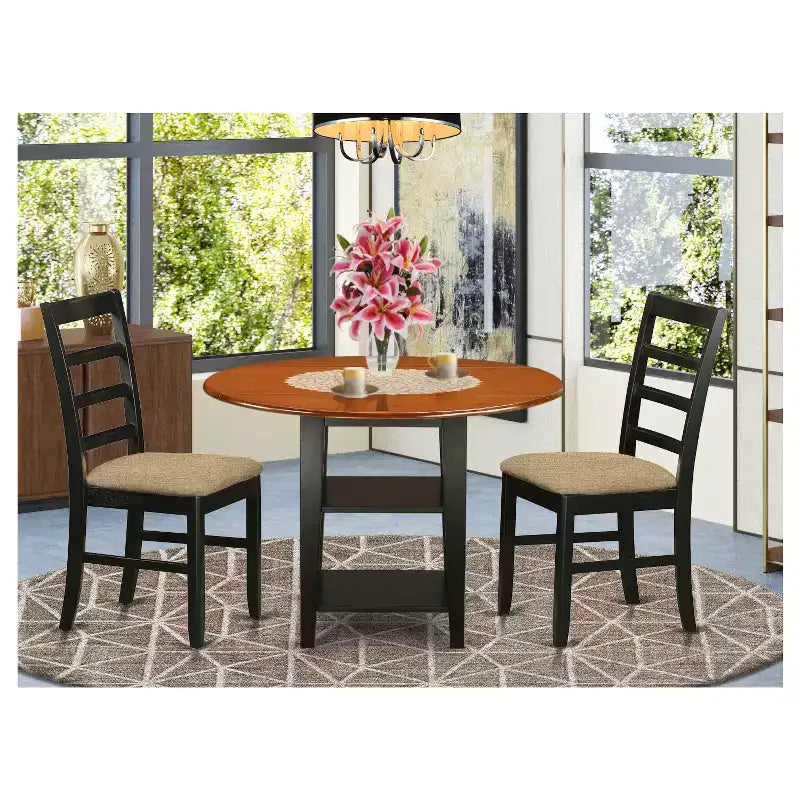 HomeStock Set da Pranzo 3 Pezzi Tavolo Rotondo con Piano in Legno Massello Finitura Nera e Ciliegio