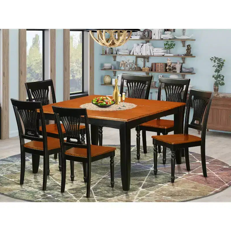 HomeStock Tavolo da pranzo quadrato in legno massello con finitura nera e color ciliegio a 7 pezzi con 6 sedie da pranzo con schienale a doghe, 6 posti a sedere