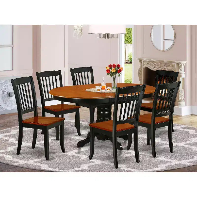 HomeStock Tavolo da Pranzo Ovale a 7 Pezzi con Piano in Legno Massello Finitura Nera e Ciliegio e 6 Sedie con Schienale a Doghe