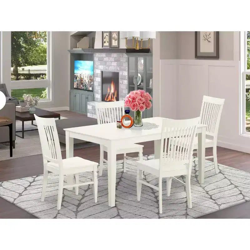 HomeStock Set tavolo da pranzo con piano in legno massello e 4 sedie, finitura bianco lino, 5 pezzi