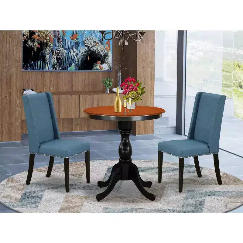 Set da Pranzo 3 Pezzi in Legno Massello Nero e Ciliegio - con Schienale Alto - 4 Posti