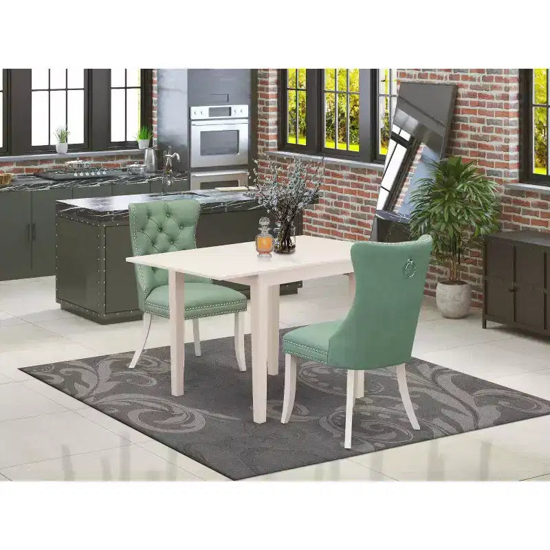 HomeStock Set Tavolo da Pranzo 3 Pezzi in Legno Massello Finitura Lino Bianco con Piano Rettangolare e Ante a Ribalta