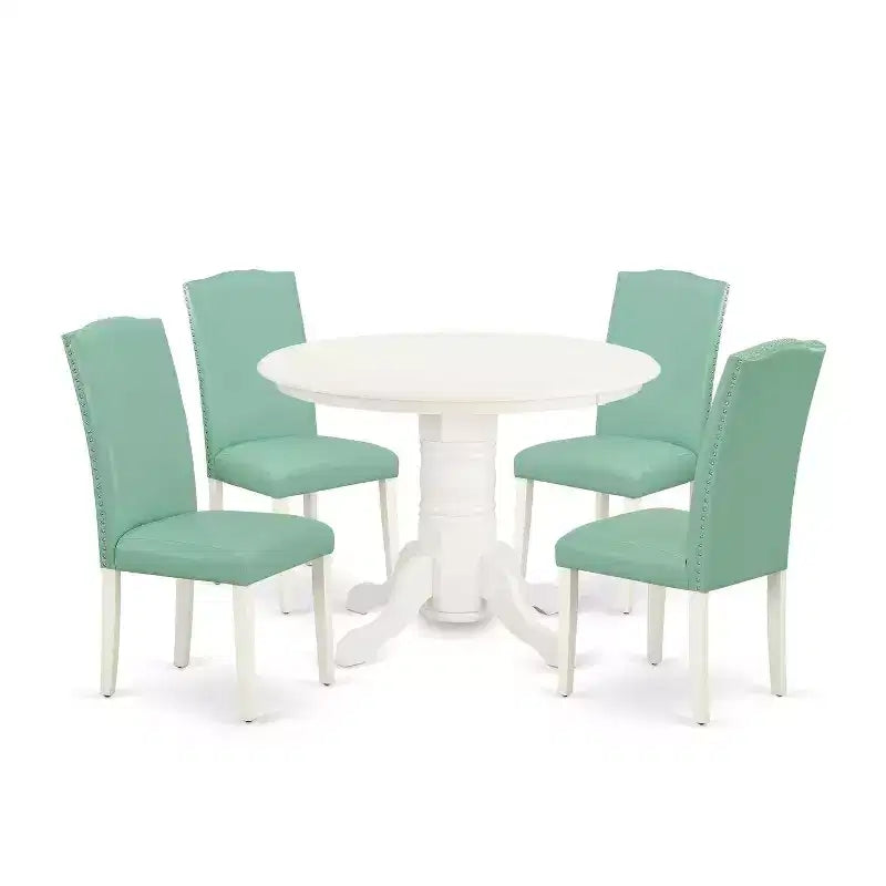 HomeStock 5-Piece Round Linen White Finish Solid Wood Top Dining Table with 4 Parson Chair