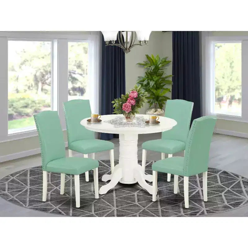 HomeStock Set da pranzo 5 pezzi: tavolo rotondo con piano in legno massello finitura lino bianco e 4 sedie Parson